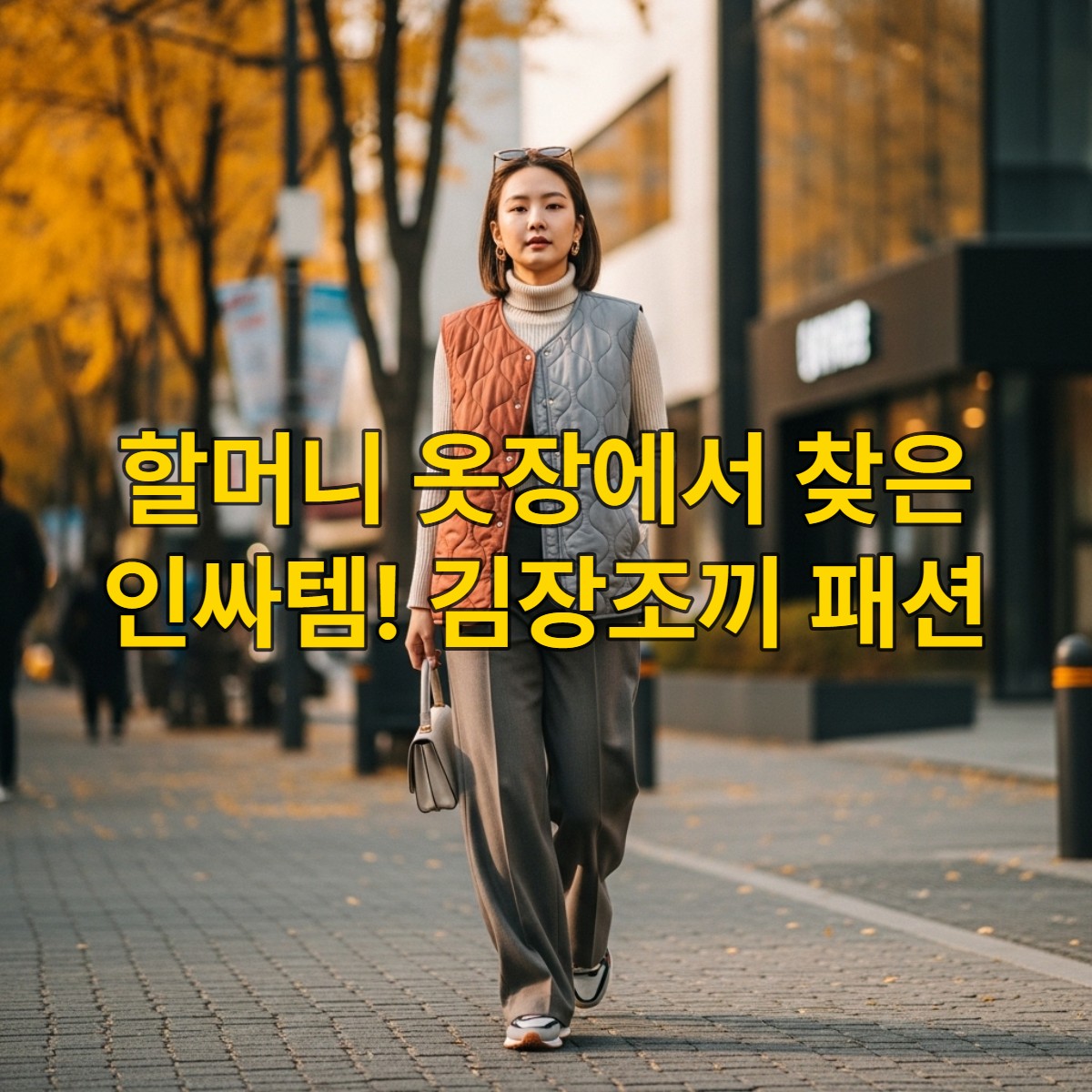 세련된 K-팝 아이돌 스타일의 여성이 서울 거리에서 퀼팅 김장조끼를 활용한 K-그래니코어 패션을 선보이는 모습