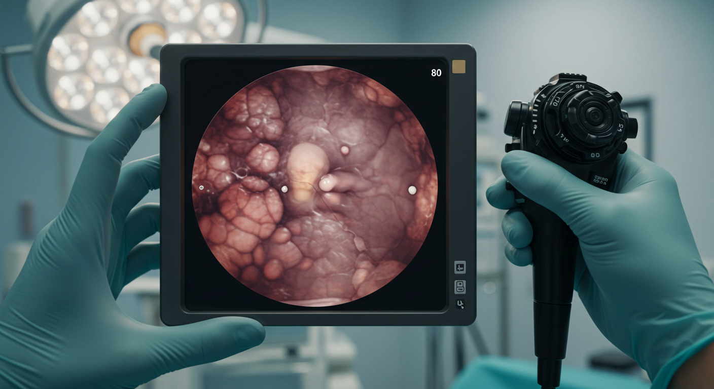 의료진이 내시경 기기를 잡고 모니터에 대장 내부와 용종이 선명하게 보이는 모습.