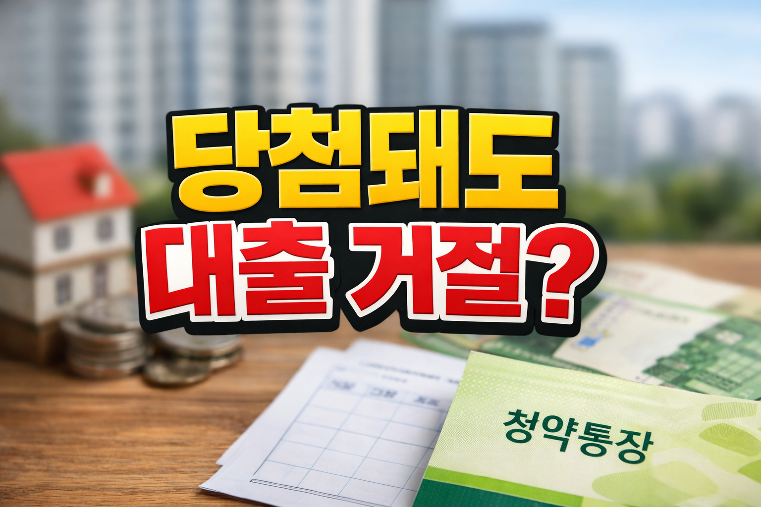 당첨돼도 대출 거절? 문구와 청약통장, 아파트 모형이 보이는 이미지로 청년주택드림청약 대출 조건 설명 썸네일