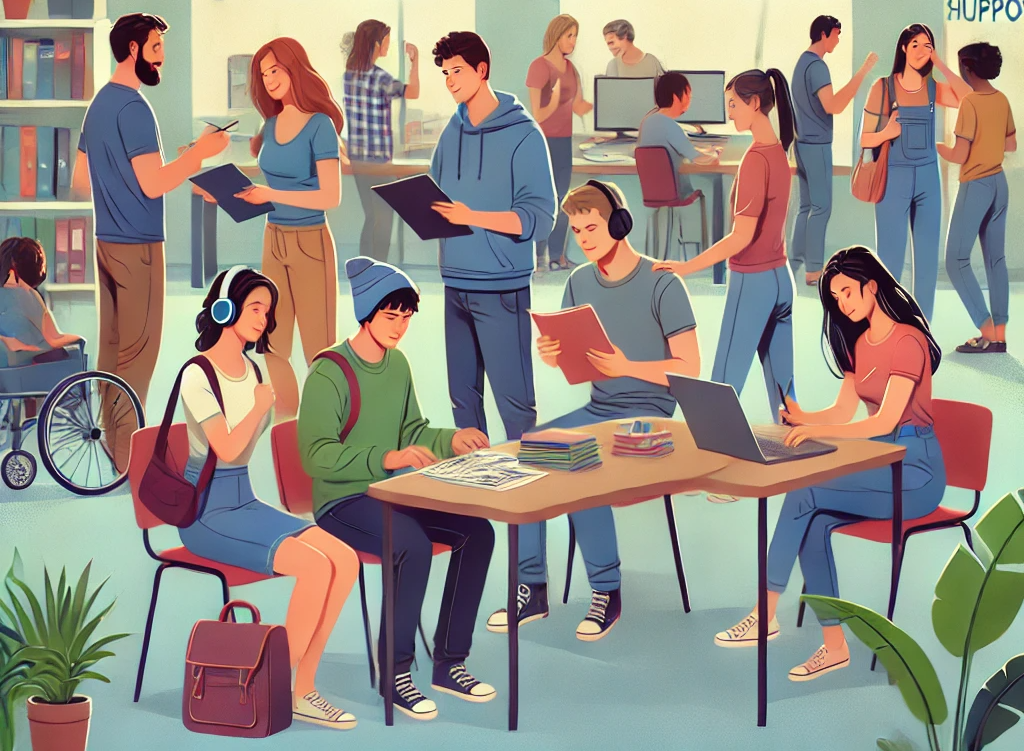 학생같은 사람들이 책상에 앉아 음악을 듣거나 책을 보고나 노트북을 보는 ai이미지