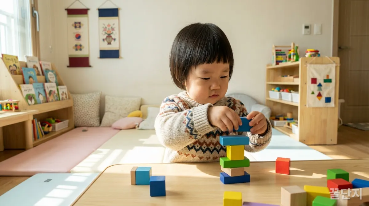 18개월 한국 아기가 블록을 쌓으며 독립심을 키우는 모습