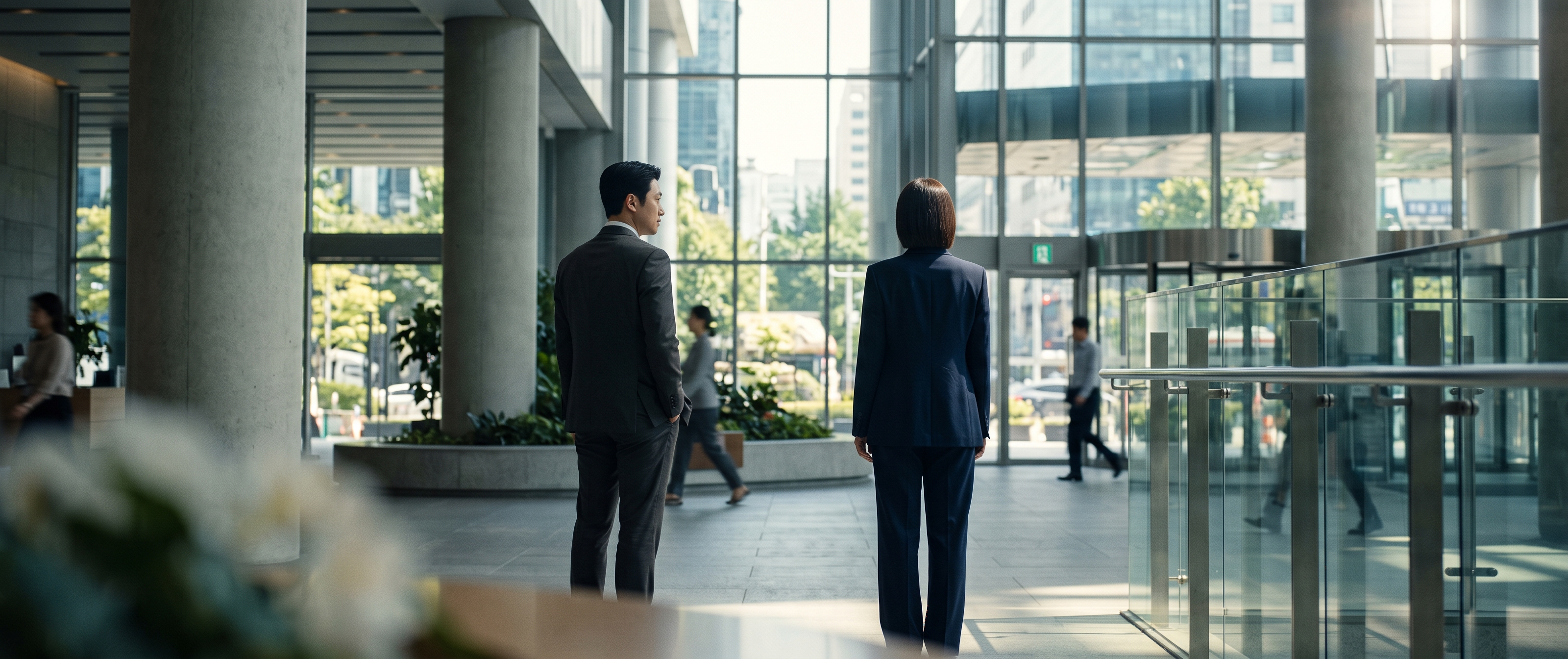 AI 개념 사진: 가상 기업 로비의 익명 직장인 두 사람