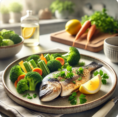 건강과 간편함을 강조한 제철 생선 요리, 허브와 레몬으로 장식된 구운 생선과 브로콜리, 당근 등의 찐 야채가 깔끔한 세팅으로 제공된 이미지