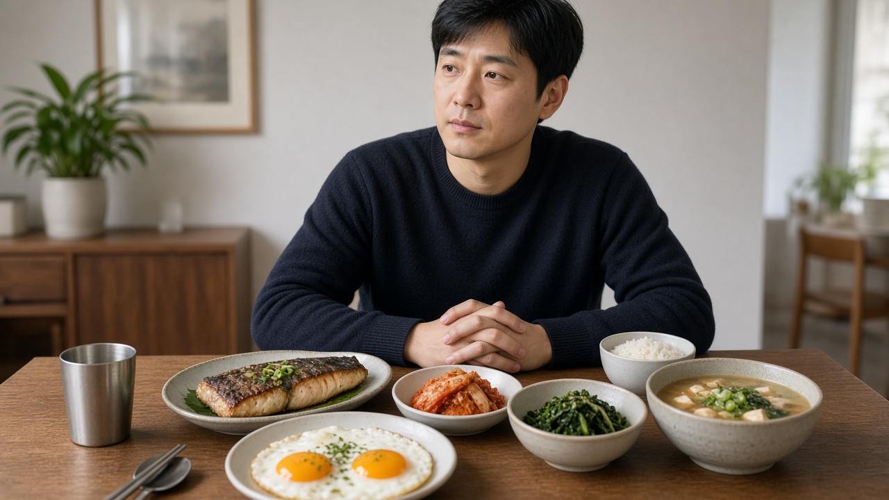 식탁에 달걀과 생선을 차려 두고 영양을 챙기는 30대 한국인 남성