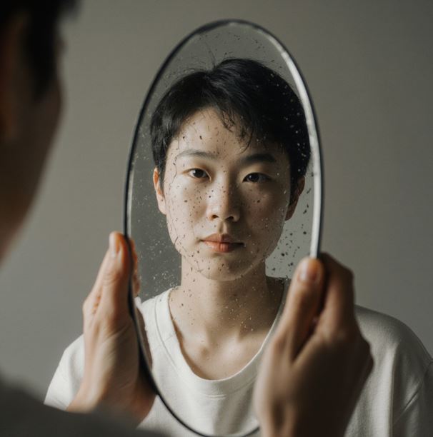 거울을 들고 있는 사람이 자신의 모습을 바라보는 장면인데, 거울에 비친 모습이 실제 모습과 다르게 왜곡되어 보이는 모습