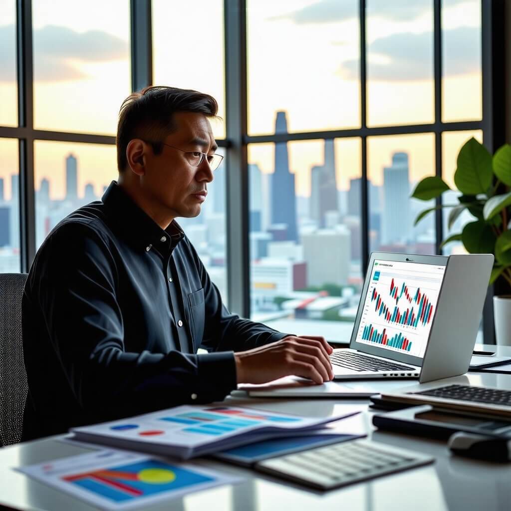 투자 결정을 내리는 순간: 여러 투자 옵션을 놓고 고민하는 투자자의 모습, 선택의 중요성을 강조.