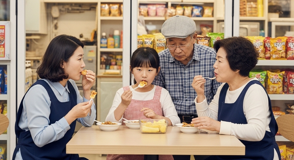 동네 분식집에서 식사하는 가족