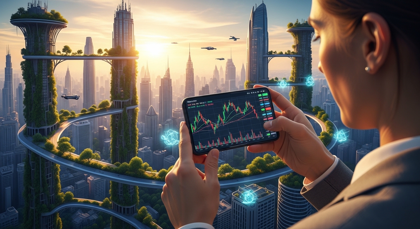 An investor looking at a stock chart on a smartphone, with a digital twin skyline of a future city unfolding behind them.