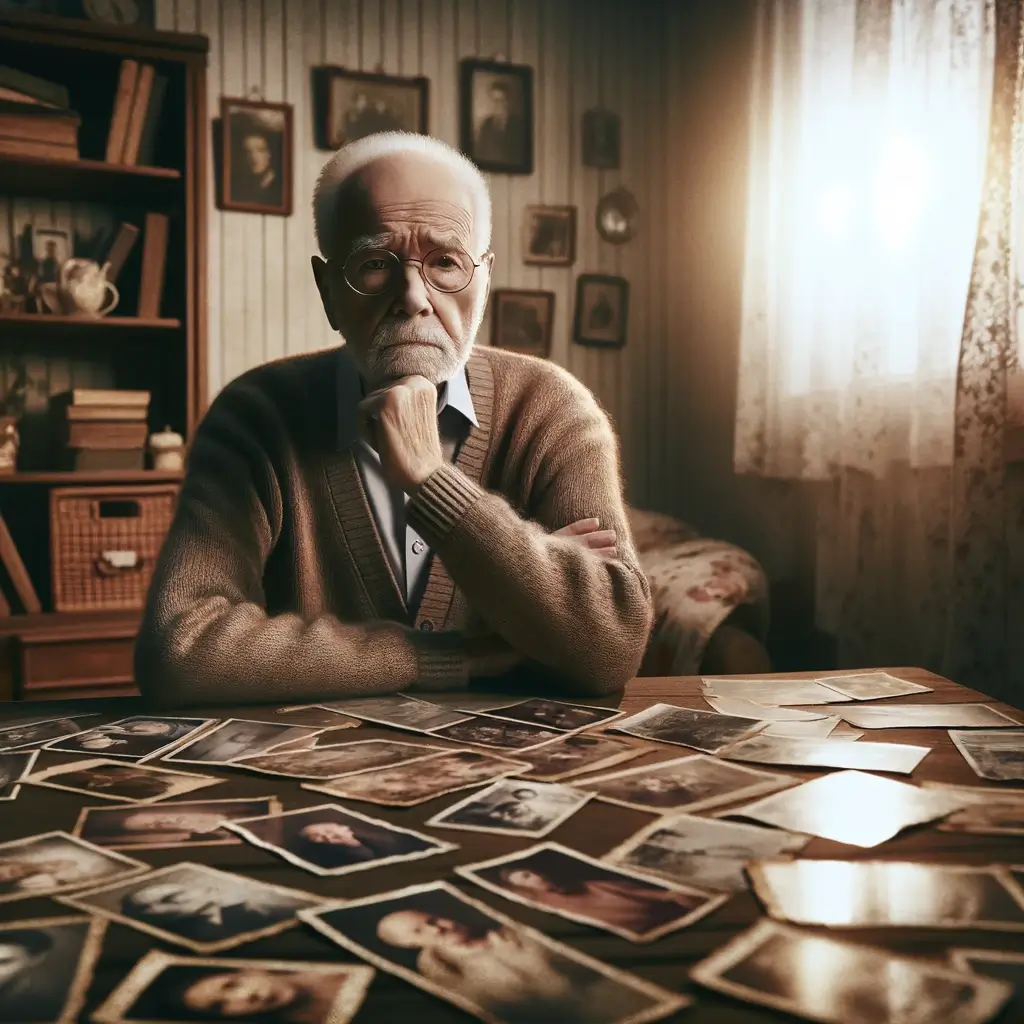 오래된 사진들에 둘러싸여 나무 테이블에 앉아 있는 노인