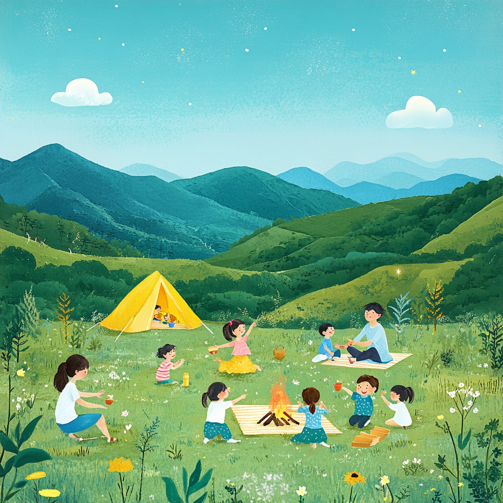 가족과 캠핑에서 즐거운 시간을 보내는 모습