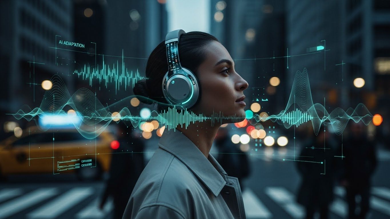 세련되고 미래지향적인 소니 헤드폰을 착용하고 고요하고 집중된 표정을 짓고 있는 사람이 번잡하고 약간 흐릿한 도시 환경에 서 있습니다.