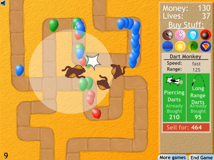 풍선타워디펜스2-플래시게임-플레이-원숭이-타워를-설치하여-풍선을-터트리는-화면