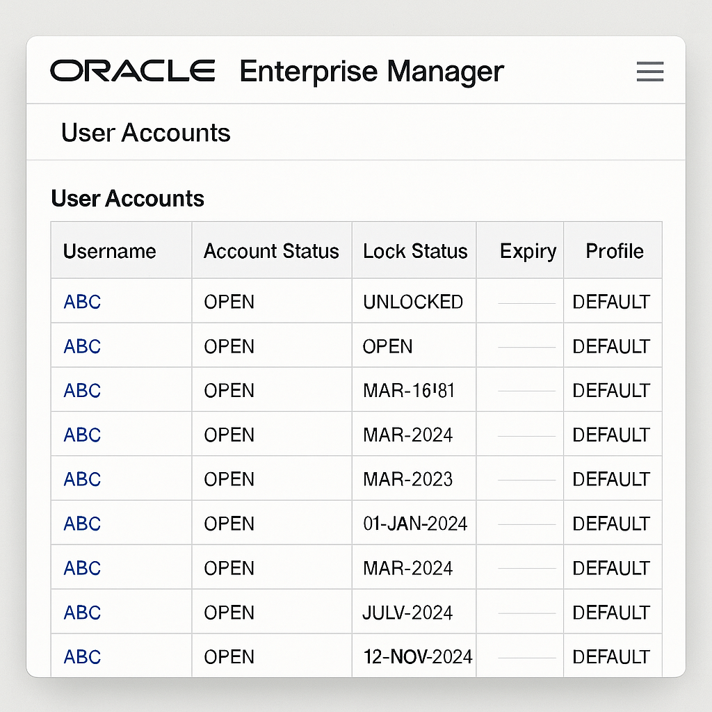 Oracle Enterprise Manager user account management dashboard showing account status and expiry information