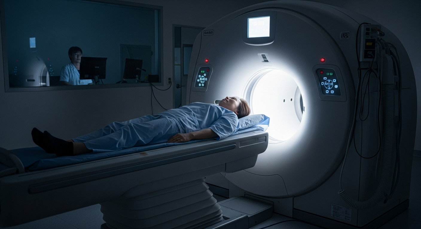 환자가 CT 스캐너 안에서 검사받는 모습
