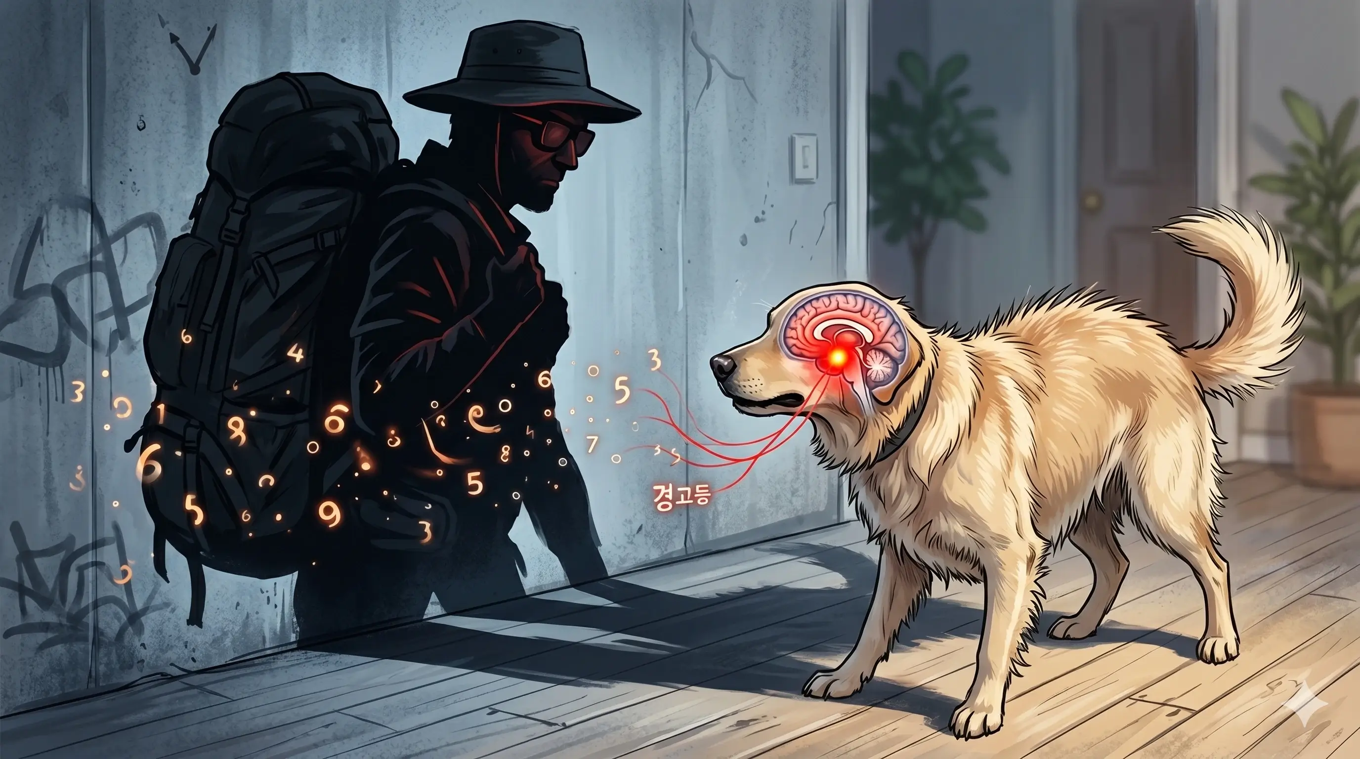 특정 복장을 한 사람에게 방어 반응을 보이는 반려견의 심리적 기전을 묘사한 일러스트