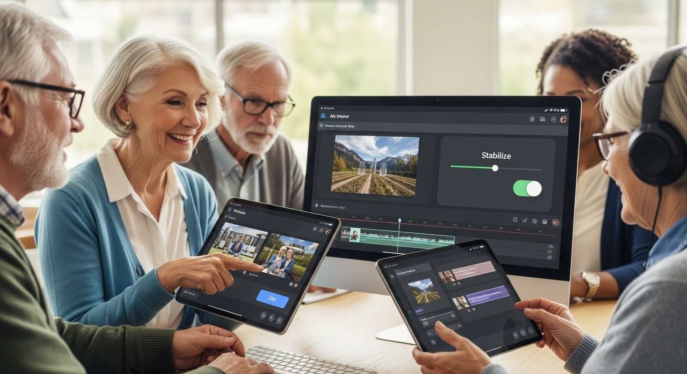 글씨와 버튼이 크게 보이는 AI 영상 편집 앱을 사용하는 시니어 사용자