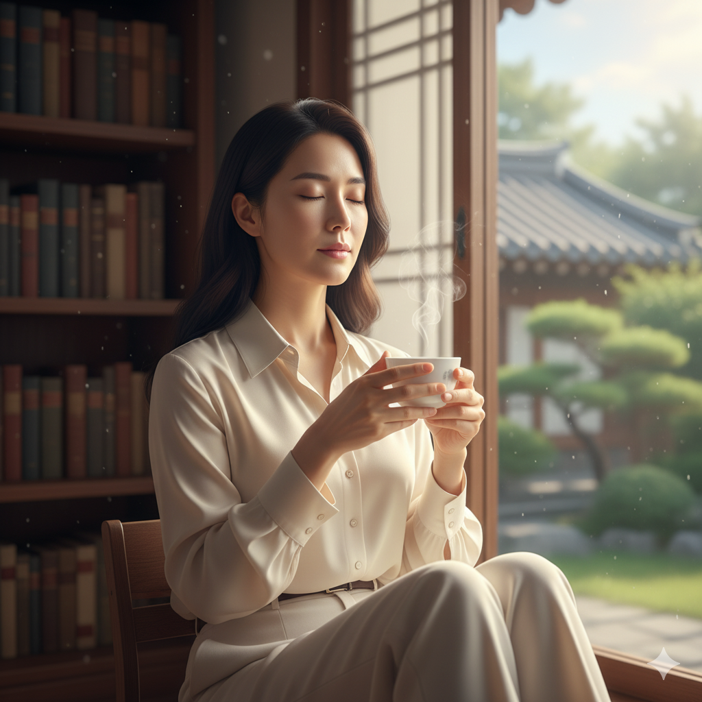 고요한 서재에서 명상하며 마음의 짐을 내려놓는 여성의 모습.