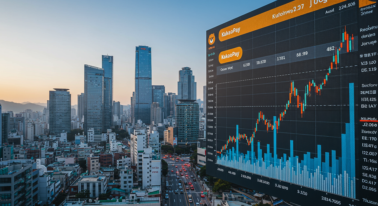한국 증권 시장에서 카카오페이 주가 차트가 급등하는 모습