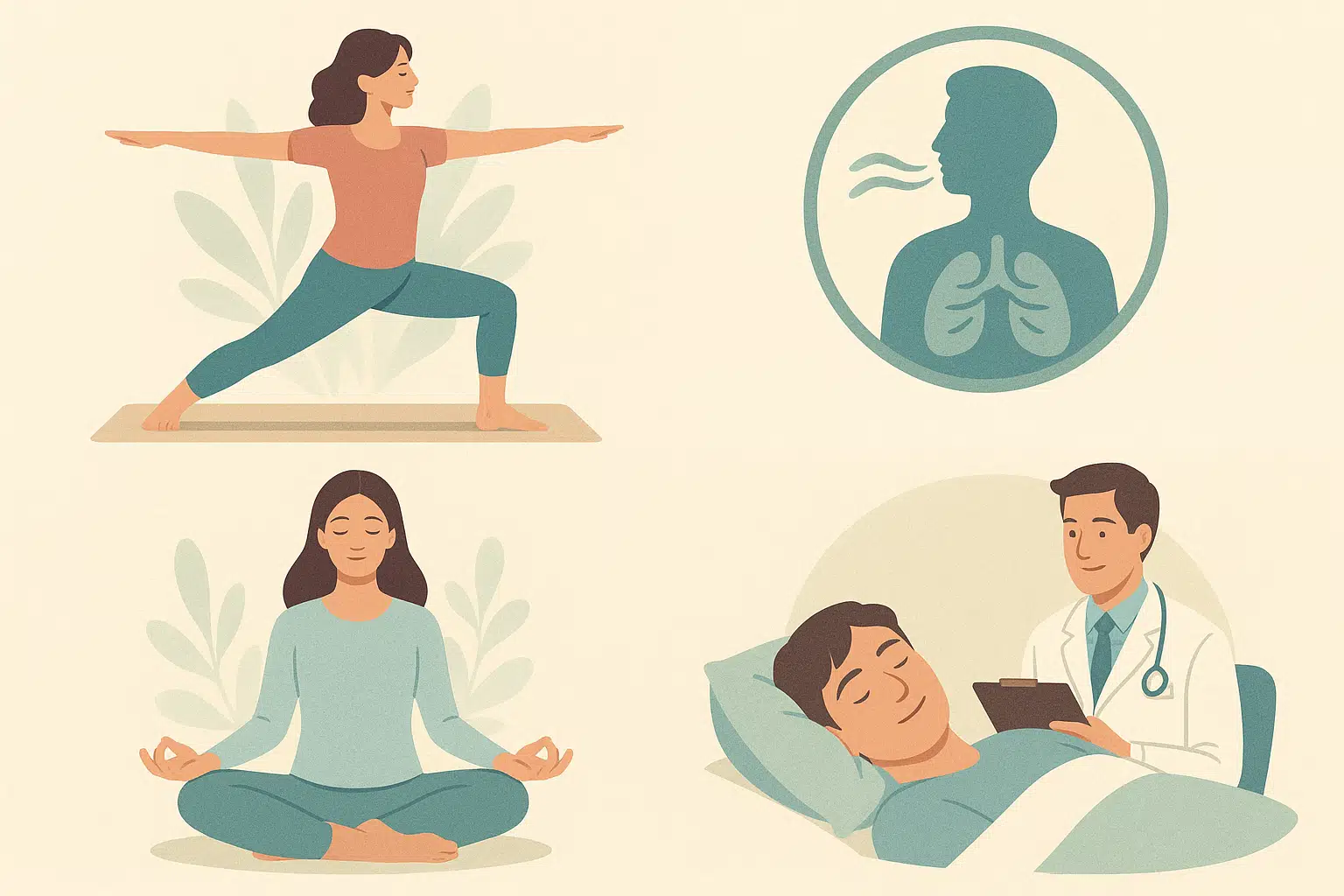 요가 자세를 취하는 사람, 복식호흡 아이콘, 명상 장면, 숙면을 취하는 그림, 병원 정기검진(의사 상담)