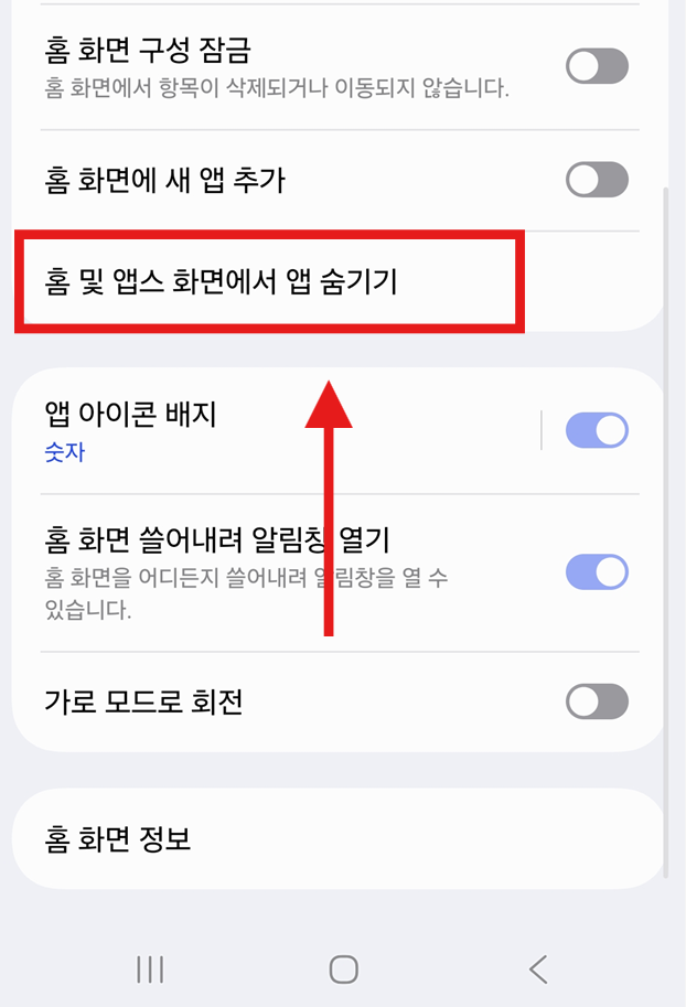 방법 3: '홈 및 앱스 화면에서 앱 숨기기' 옵션 찾기