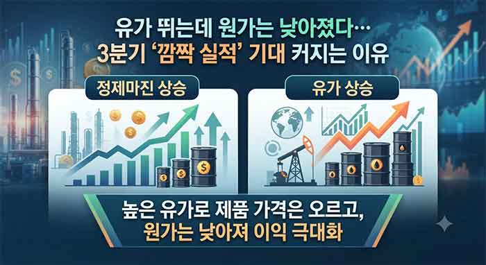 유가 상승과 정제마진 개선으로 3분기 실적 기대감을 나타내는 S-Oil 관련 인포그래픽.