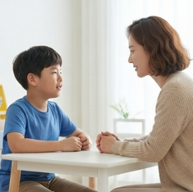 아들이 숙제 이야기를 하며 엄마와 마주 앉은 모습