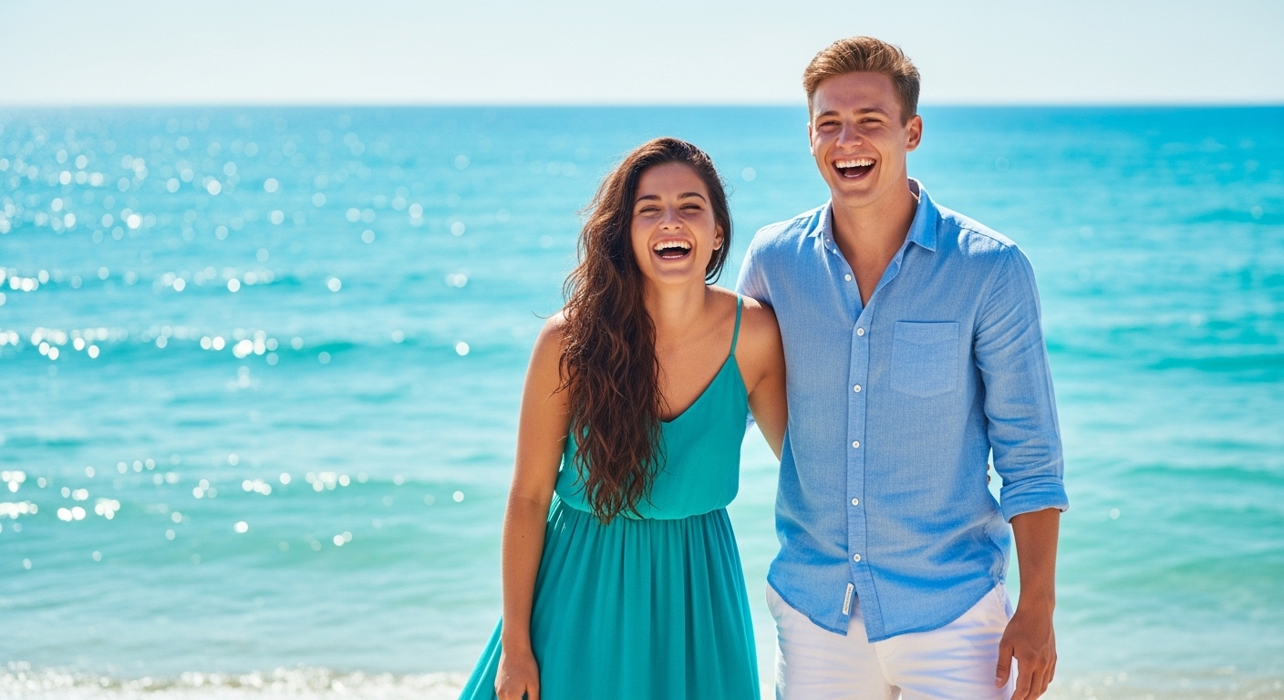 Two friends laughing against the sea, wearing different clothes in a similar tone.