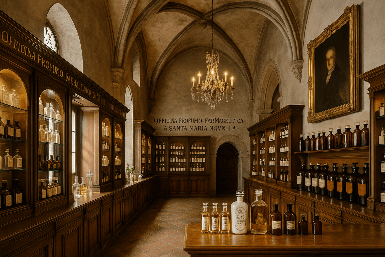 1221년에 기원을 둔 산타 마리아 노벨라의 역사적인 피렌체 매장 내부를 담은 이미지. 아치형 천장, 크리스탈 샹들리에, 오래된 목재 진열장, 갈색 약병과 유리병이 줄지어 놓여 있으며, 빈티지 초상화와 클래식한 유럽 약국 분위기가 느껴지는 공간. 자연광이 창문을 통해 따뜻하게 들어오며 전통 향수 하우스의 품격을 표현함