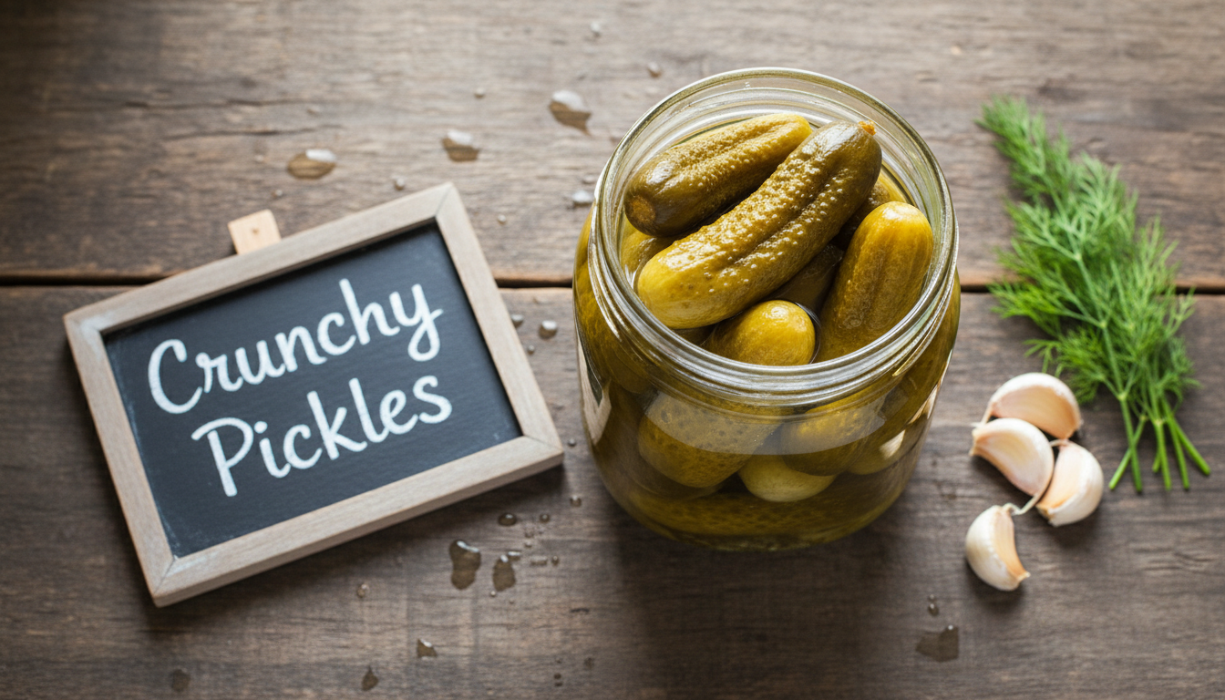 투명한 유리병에 가득 담긴 노랗고 꼬들꼬들하게 잘 익은 오이지와 크런치 피클이라는 문구가 적힌 칠판