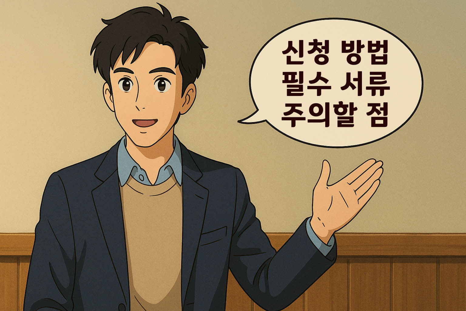 말풍선을 들고 웃으며 설명하는 젊은 남성. 말풍선 안에는 ‘신청 방법, 필수 서류, 주의할 점’ 문구가 적혀 있음. 세련된 애니메이션 스타일.