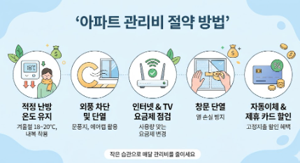 아파트 관리비를 절약하는 5가지 방법을 설명하는 단순한 인포그래픽 이미지