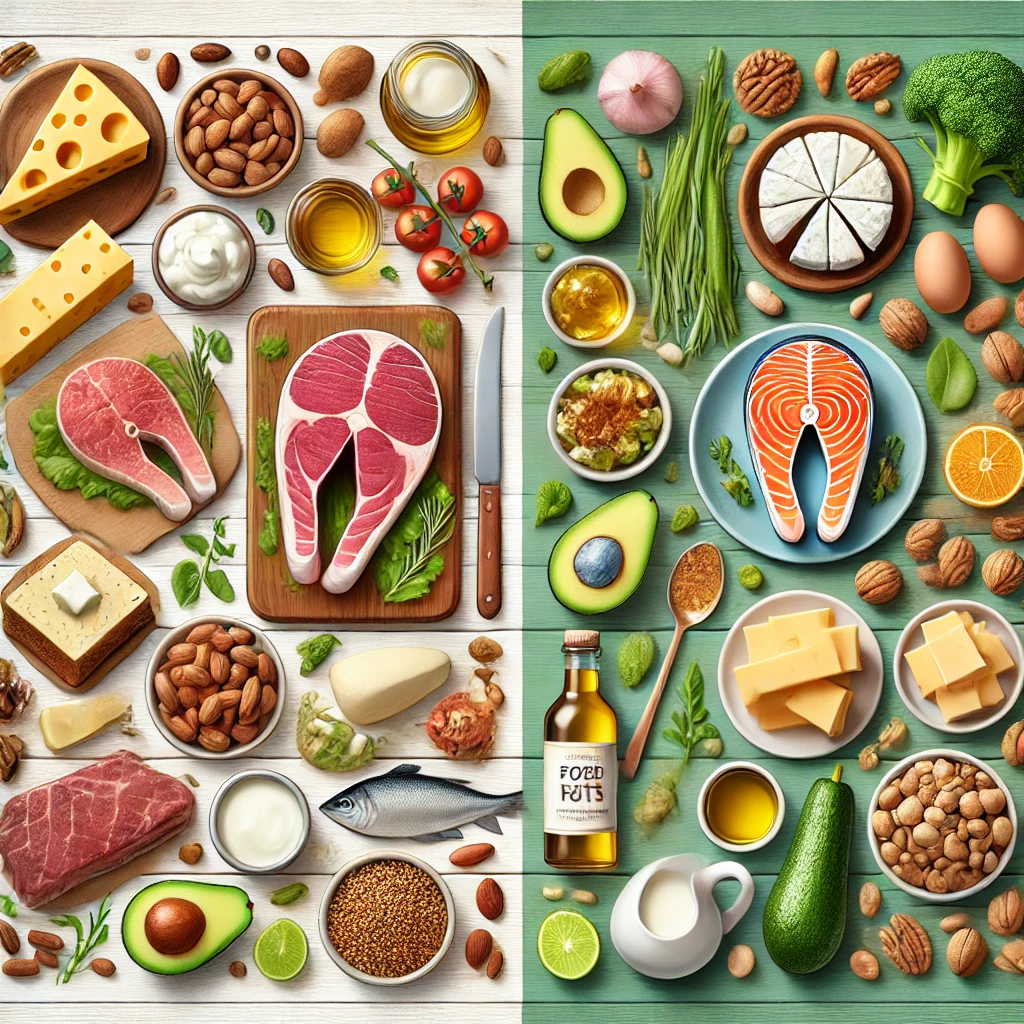 왼쪽에는 포화지방이 많은 음식들(기름진 고기, 버터, 치즈, 전지방 유제품), 오른쪽에는 불포화지방이 풍부한 음식들(아보카도, 올리브유, 견과류, 연어)이 포함되어 있습니다.
