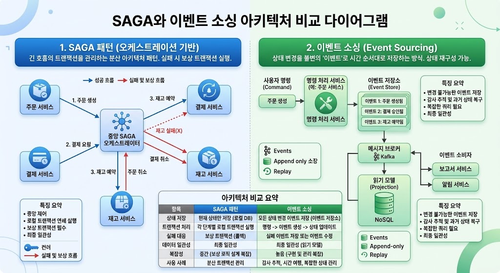 SAGA 패턴과 이벤트 소싱 아키텍처의 성능 지표와 데이터 모델을 비교한 기술적 차이점 분석 도표