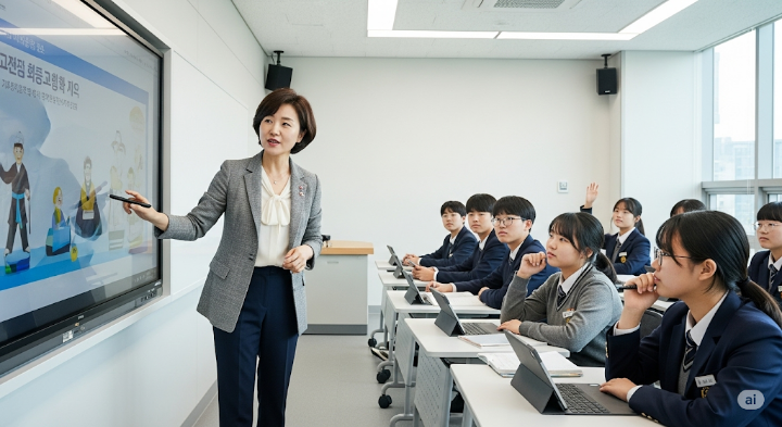 스마트 교실에서 교사가 학생들과 소통하는 모습