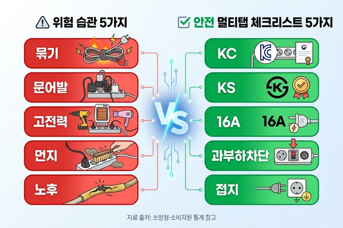멀티탭 화재 위험 사용 습관 5가지와 안전 멀티탭 체크리스트 인포그래픽