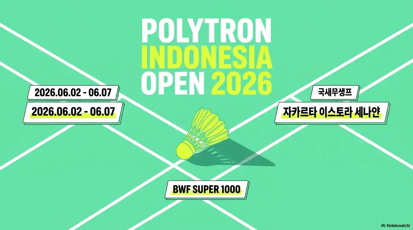 2026 인도네시아 오픈 배드민턴 대회 포스터 &ndash; BWF 수퍼 1000, 개최 일정 2026년 6월 2일~7일, 장소 자카르타 이스토라 세나얀