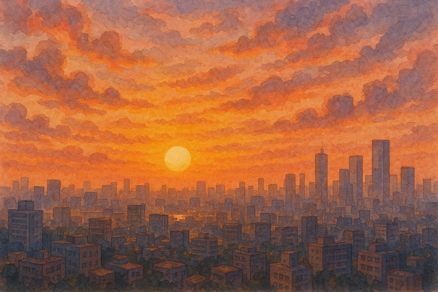 석양 아래 도시 풍경