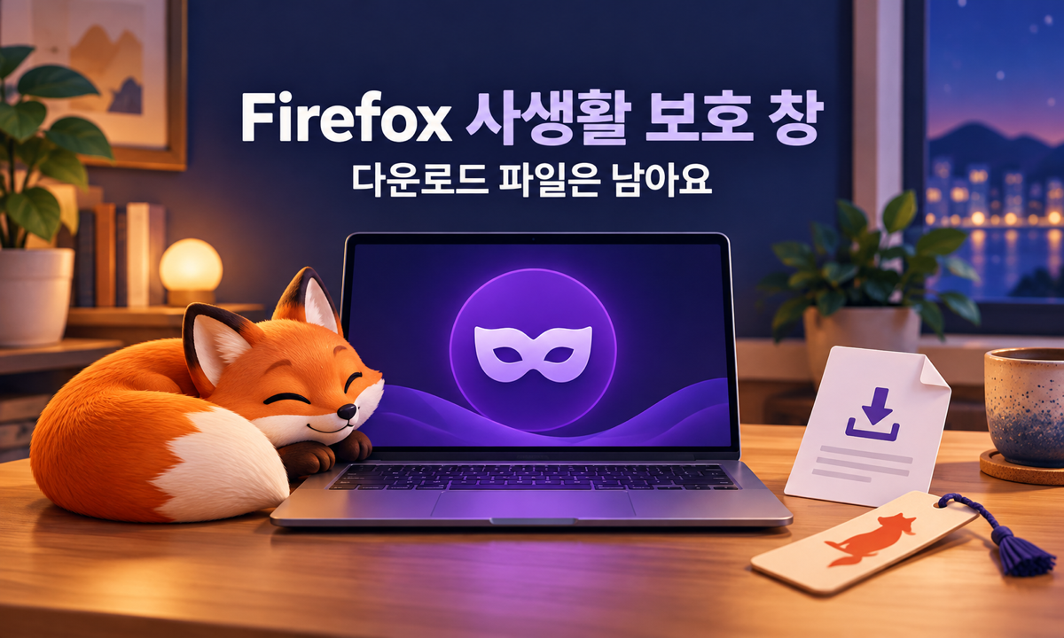 보라색 가면이 표시된 노트북과 여우, 창을 닫아도 남는 다운로드 문서와 북마크를 표현한 삽화