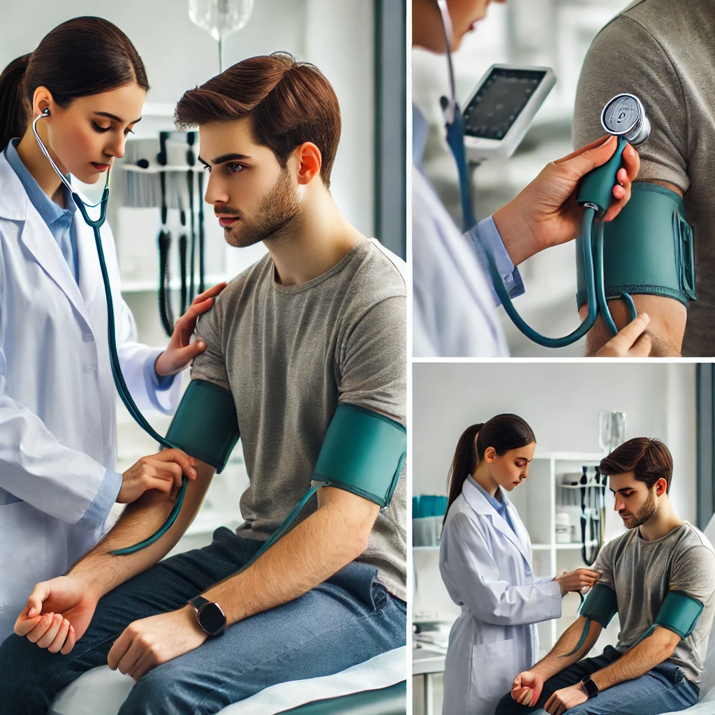 의사가 청진기로 환자의 심장 박동을 확인하는 장면