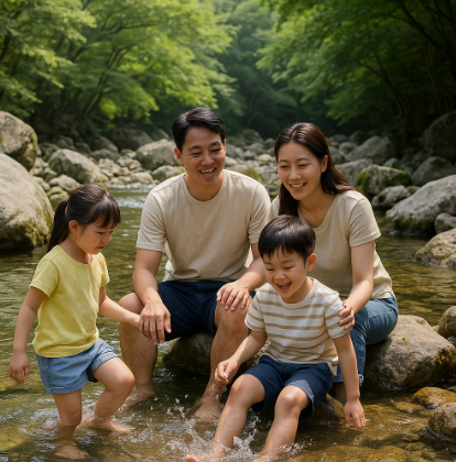 계곡에서 물놀이하며 즐거워하는 가족