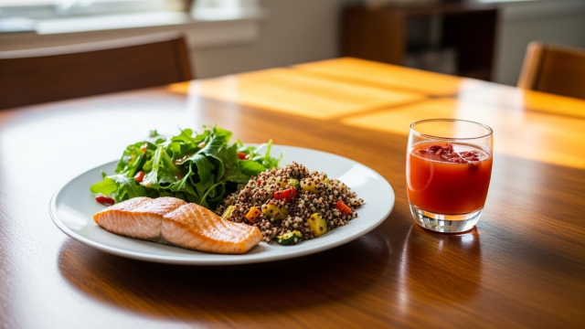 균형 잡힌 한 끼 식사와 함께 놓인 구기자 분말