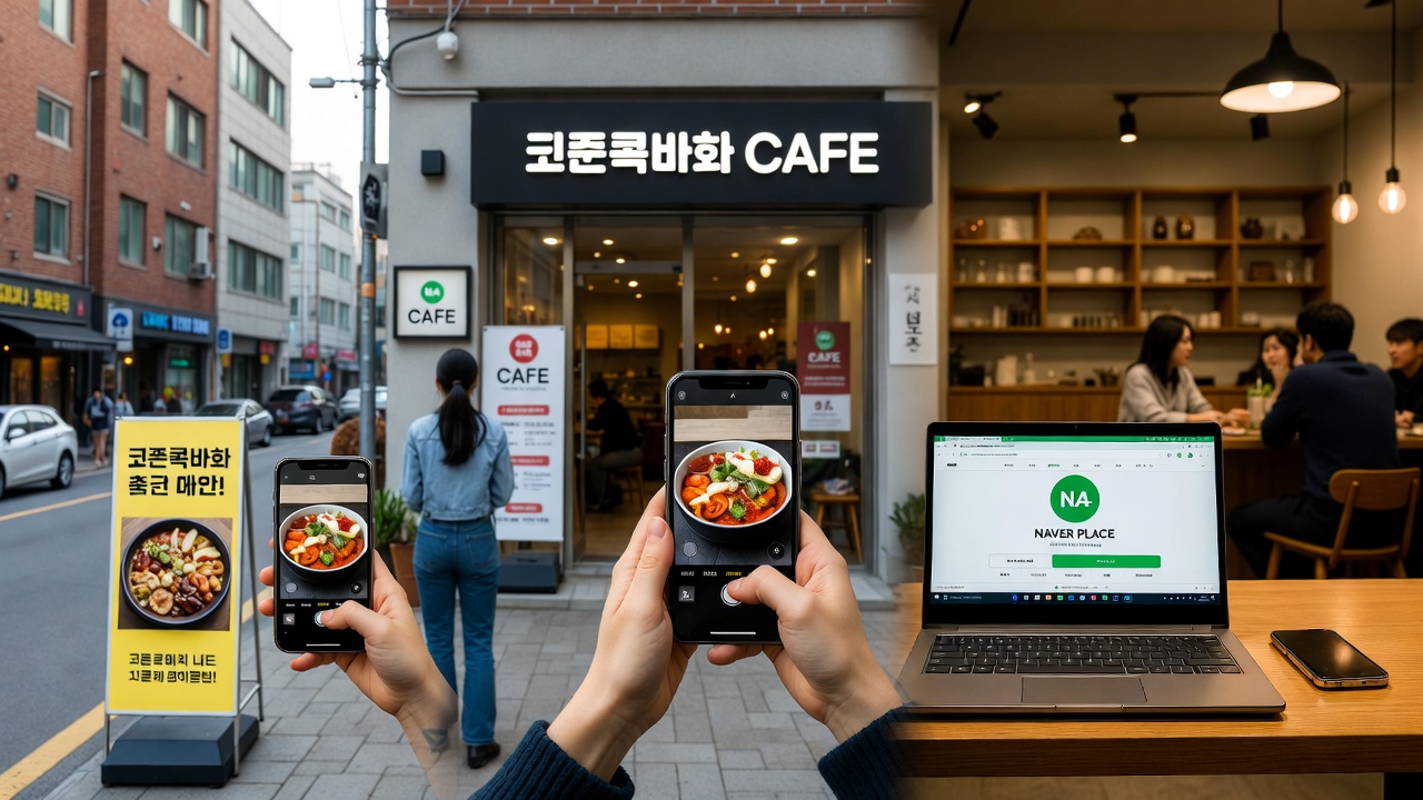 Local cafe using 지역 비즈니스용 마케팅 with 지역 SEO, social media, and Naver Place to attract neighborhood customers.
