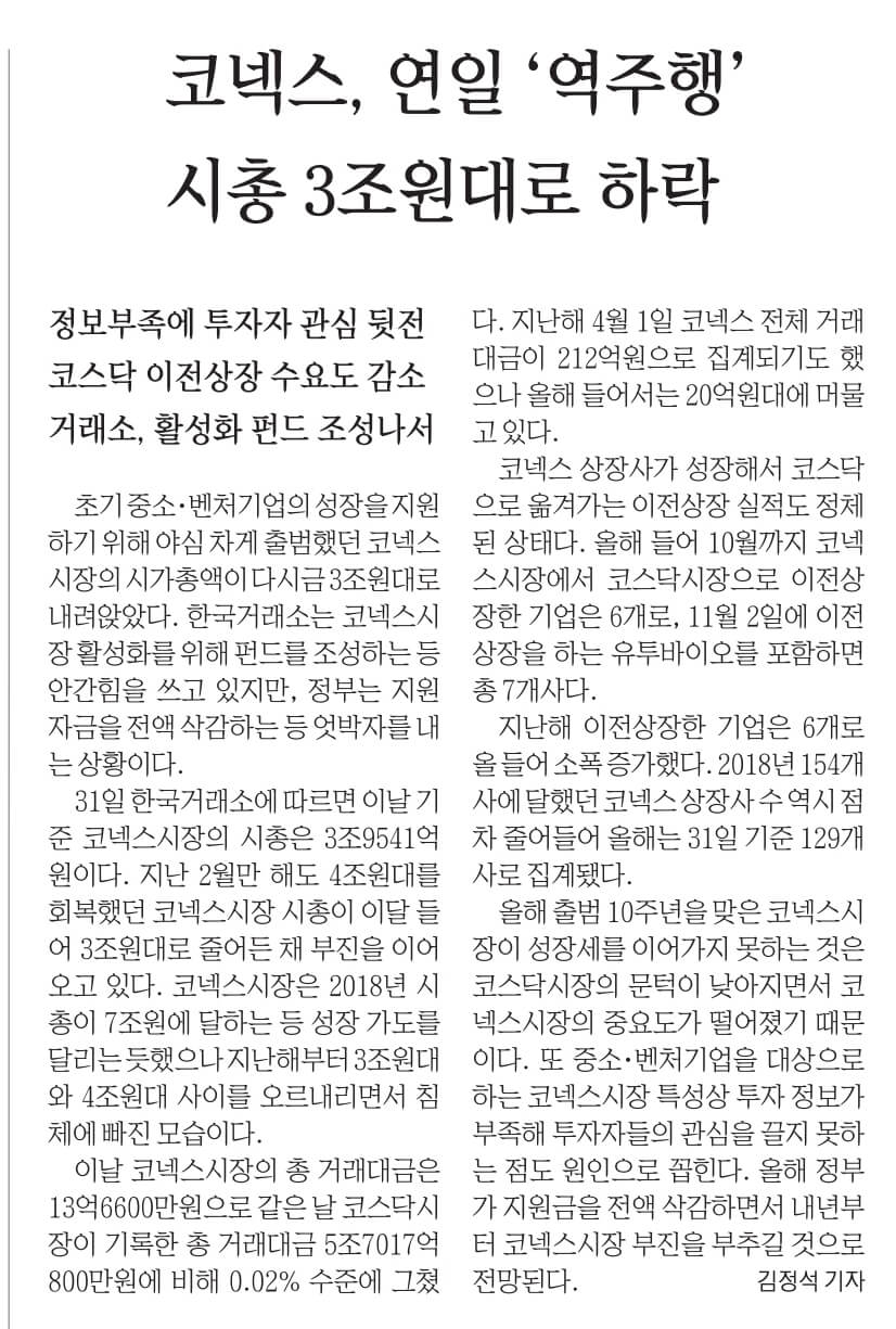 11월 1일 수요일 경제뉴스 신문스크랩