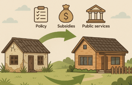 "농촌 주택지원정책을 표현한 일러스트, 낡은 집이 정책 지원과 보조금을 통해 새 주택으로 리모델링되는 모습"