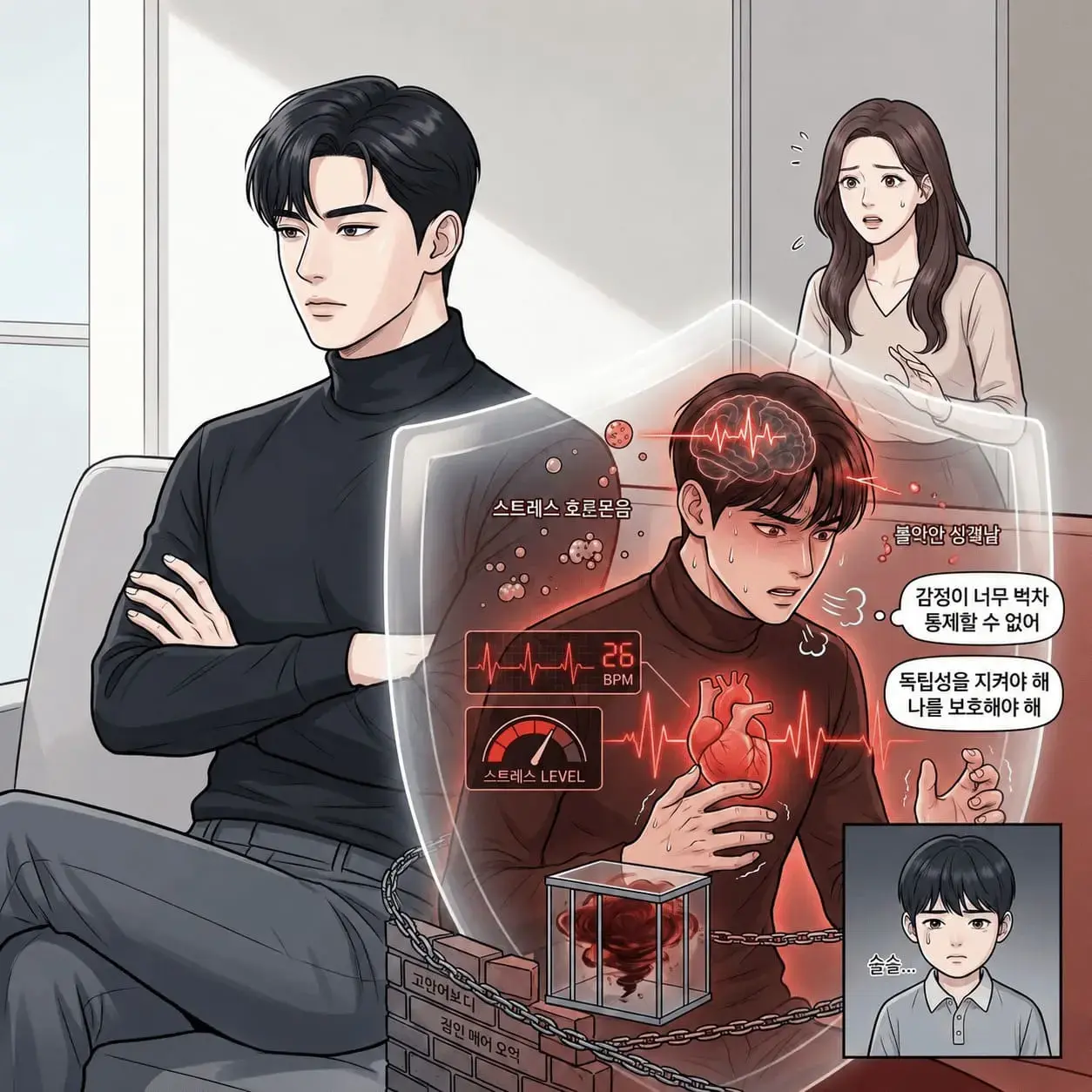 감정 과부하로 방어막을 세우는 회피형 남자와 불안해하는 연인의 거리감(Avoidant Man, Emotional Overload)