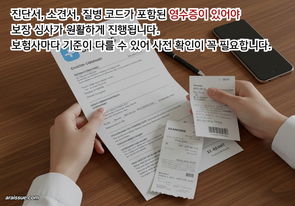 진단서, 소견서, 질병 코드가 포함된 영수증이 있어야 보장 심사가 원활하게 진행됩니다. 보험사마다 기준이 다를 수 있어 사전 확인이 꼭 필요합니다.