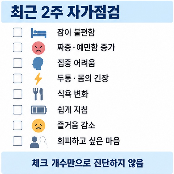 수면 짜증 집중 신체 불편 식욕 피로 관심 감소 회피 행동을 확인하는 스트레스 자가점검 인포그래픽