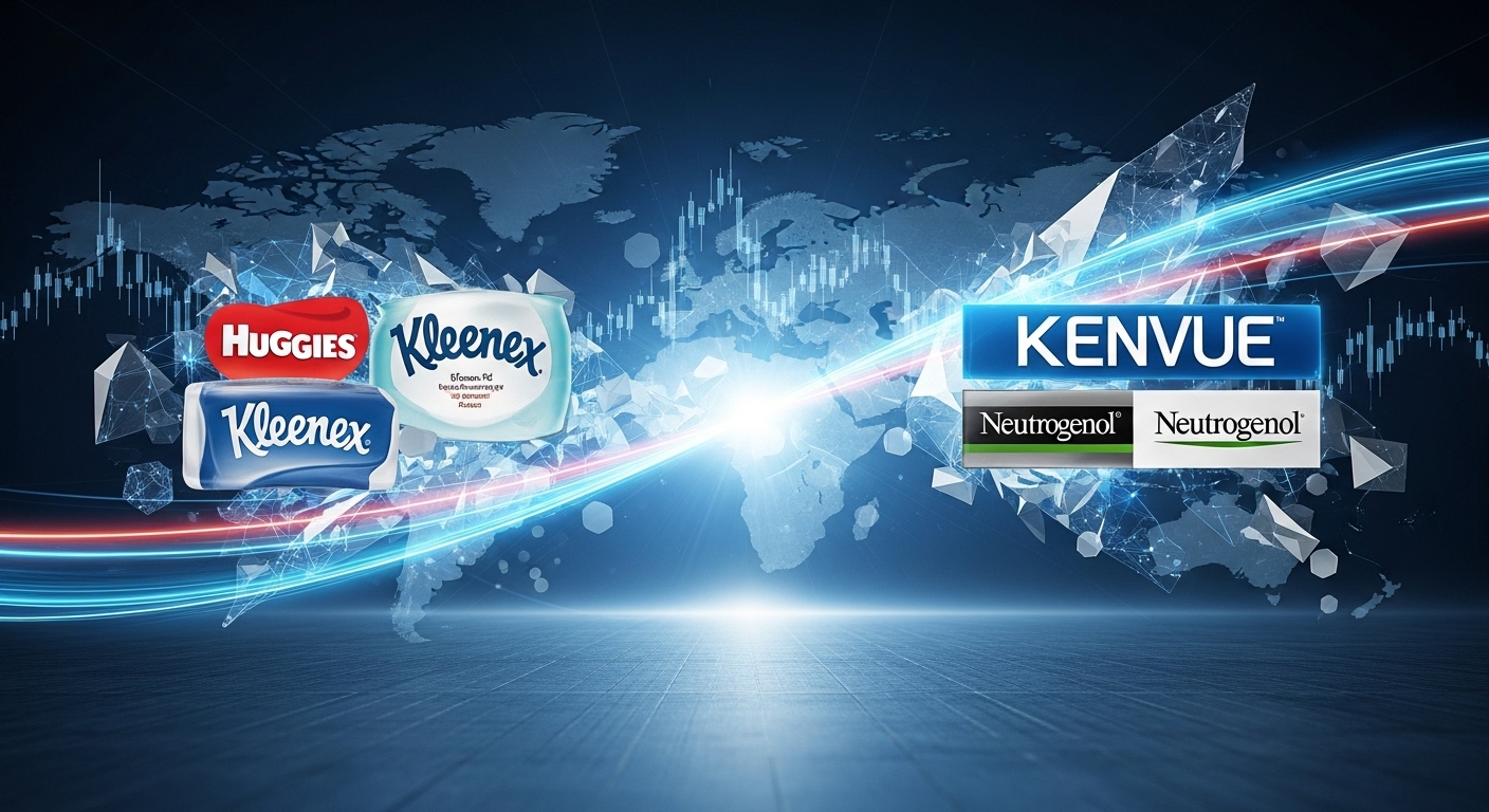 하기스와 타이레놀 등 주요 브랜드를 상징하는 요소들이 킴벌리클라크와 켄뷰의 합병을 통해 하나의 거대한 글로벌 소비재 기업으로 통합되는 역동적인 모습.