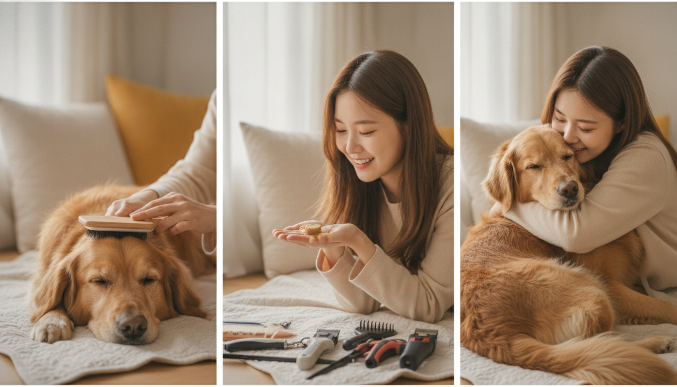 강아지 털 빗질과 간식 보상, 교감하며 행복하게 관리받는 모습.
