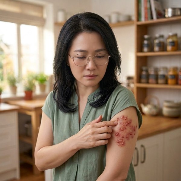 팔에 발생한 붉은 발진과 물집 형태의 대상포진 증상을 걱정스러운 표정으로 살펴보고 있는 중년 여성.